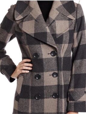 Kensie Plaid Double-Breasted Pea Coat in Taupe & Black